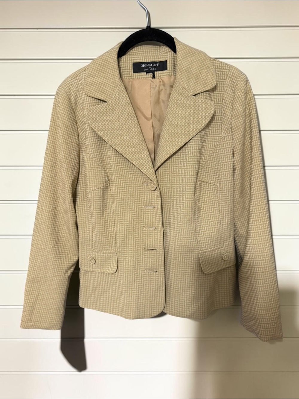 Signature Larry Levine Tan Micro Houndstooth Blazer Wide Lapel Quiet Luxury Fall
